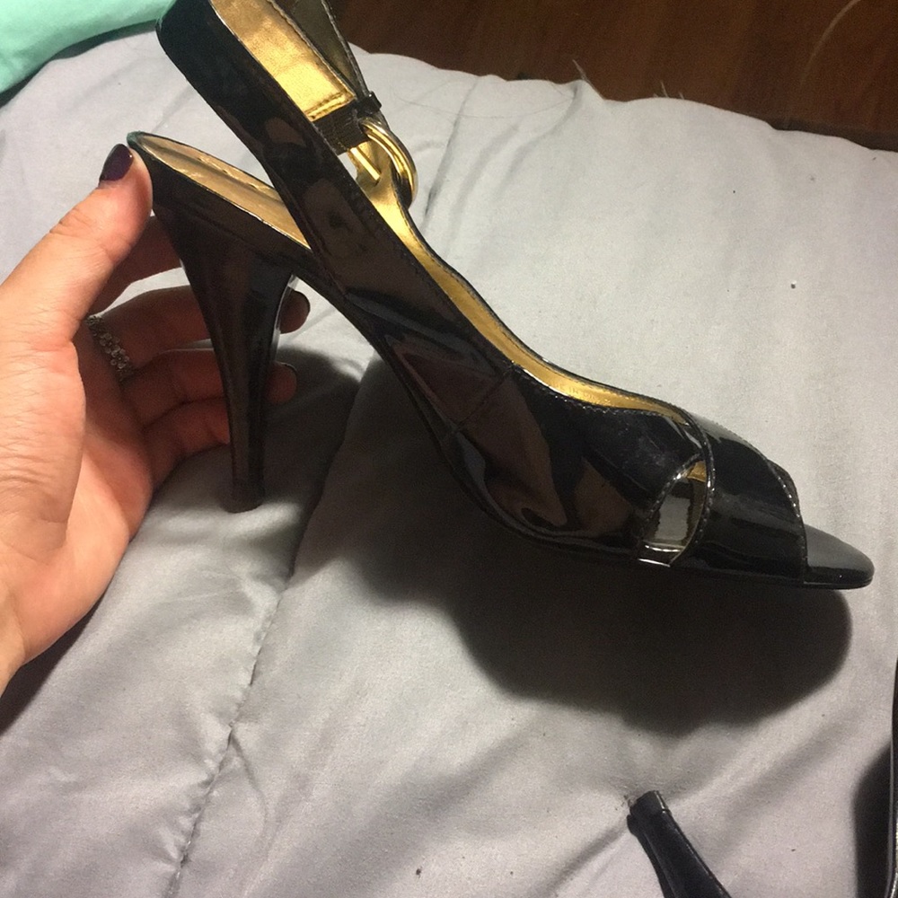 BCBGirls black patent leather sling back heels